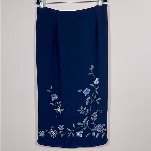 Alfred Dunner Vintage Navy Blue Floral Print Stretch Maxi Skirt Women Size 14 - Picture 1 of 7